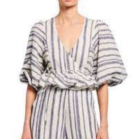 Shona Joy Bautista Striped Puff-Sleeve Cropped Linen Wrap Top